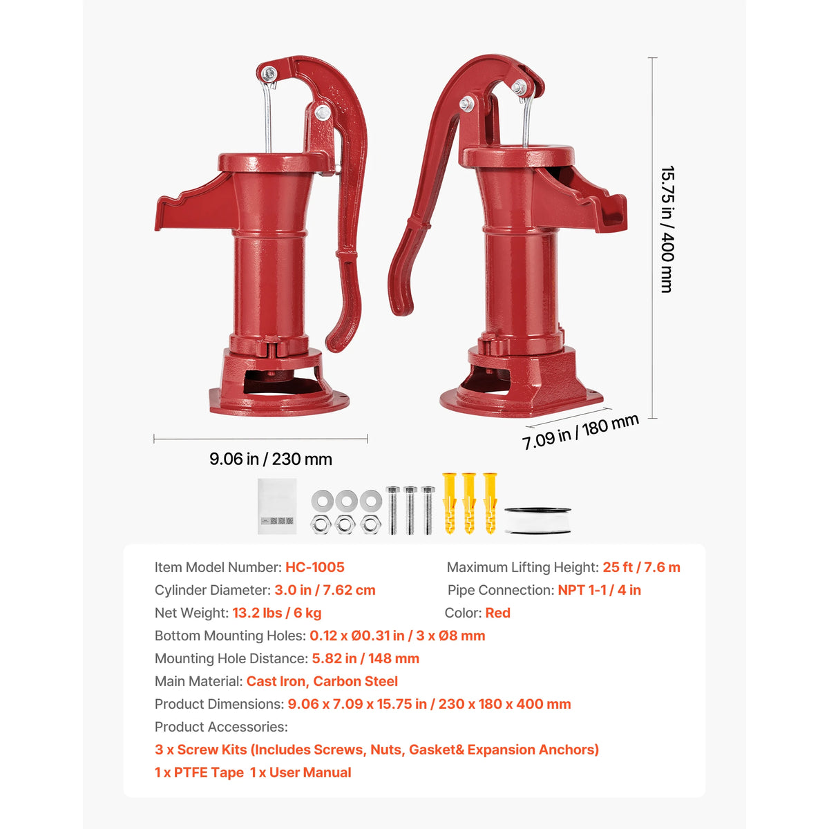 SucceBuy Well Hand Pitcher Pump 25 ft Maximum Lift Cast Iron NPT 1-1/4 in Connection for Garden Pond Farm Red/Black/Yellow/Green