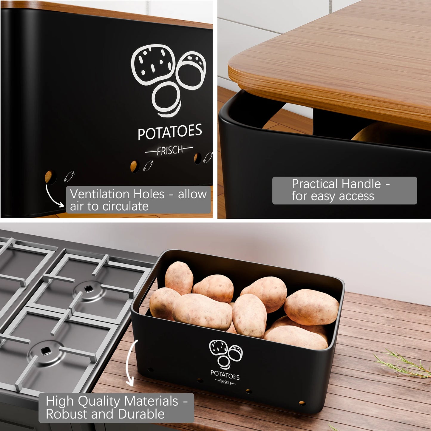 3-Piece Vegetable Storage Box Set, Potato, Onion and Garlic Storage Jars Suitable for Kitchen Countertops, With Lid Metal Vegetable Preservation Boxes, Kitchen Pantry Organiser Jars