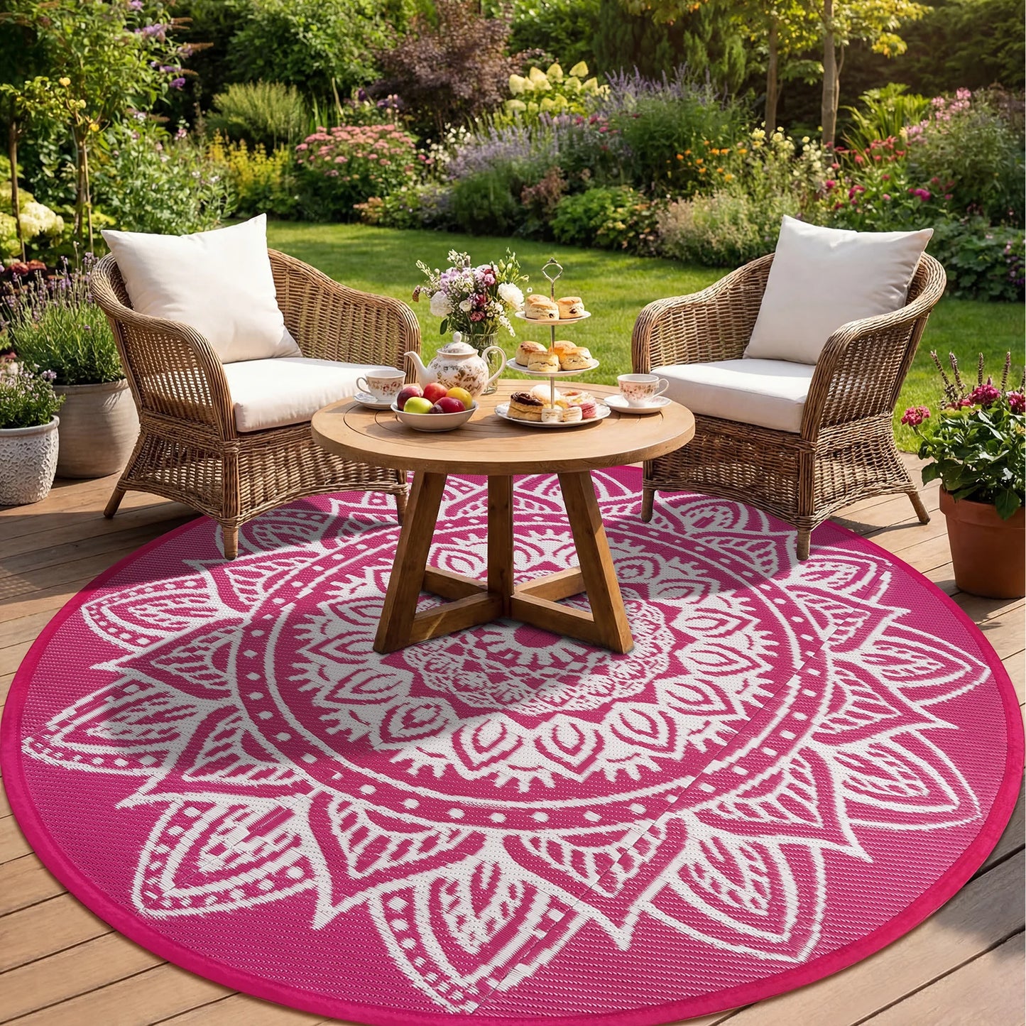 Round Outdoor Rug Reversible Waterproof Plastic Straw Mat Portable RV