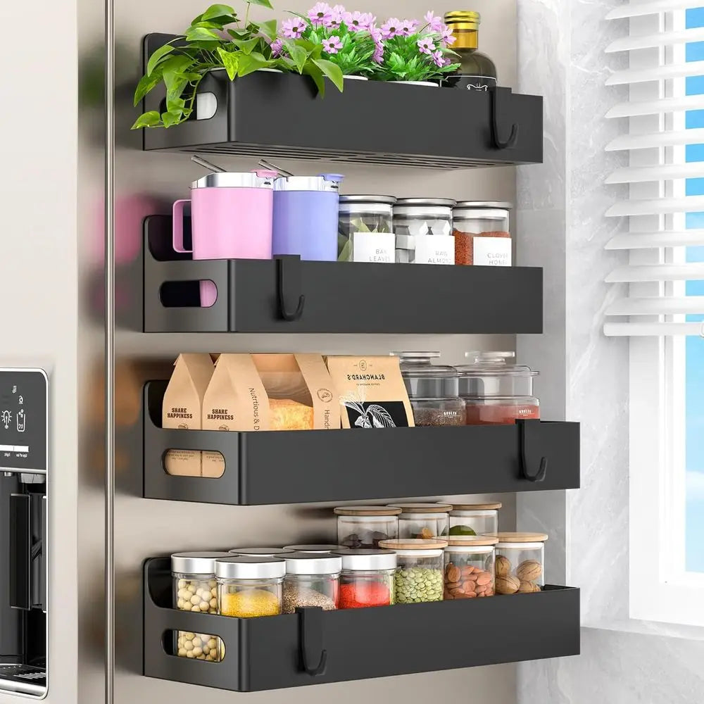 4-Pack Magnetic Spice Rack Organizer with Hooks for Kitchen Storage, Black