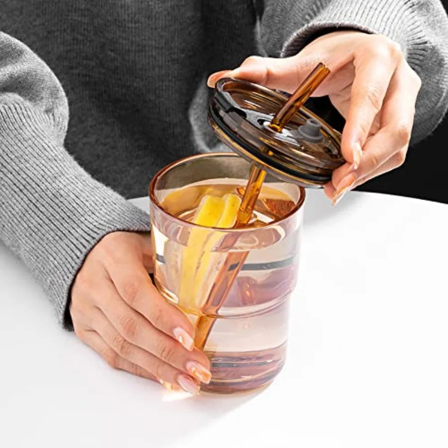 Glass Tumbler Bottle With Straw Dustproof Lid Double Wall Insulated