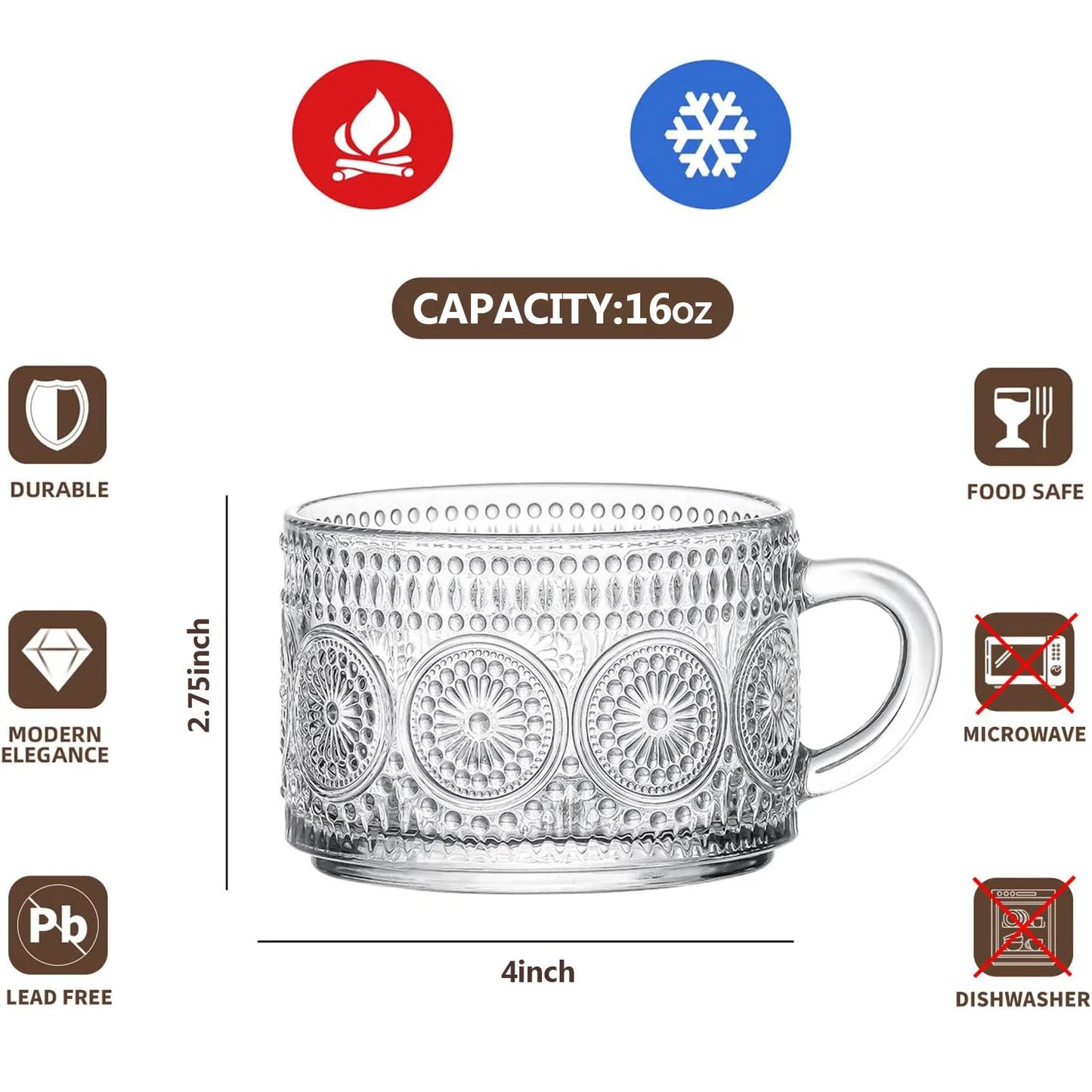 8‑Pack Embossed Glass Coffee Mugs Set with Bamboo Lids and Golden Spoons, Clear Vintage Texture Glass Cups, Oatmeal Yogurt Dessert Bowls, Drinking Tumbler for Tea, Milk, Juice, Home Kitchen Daily‑Use Drinkware