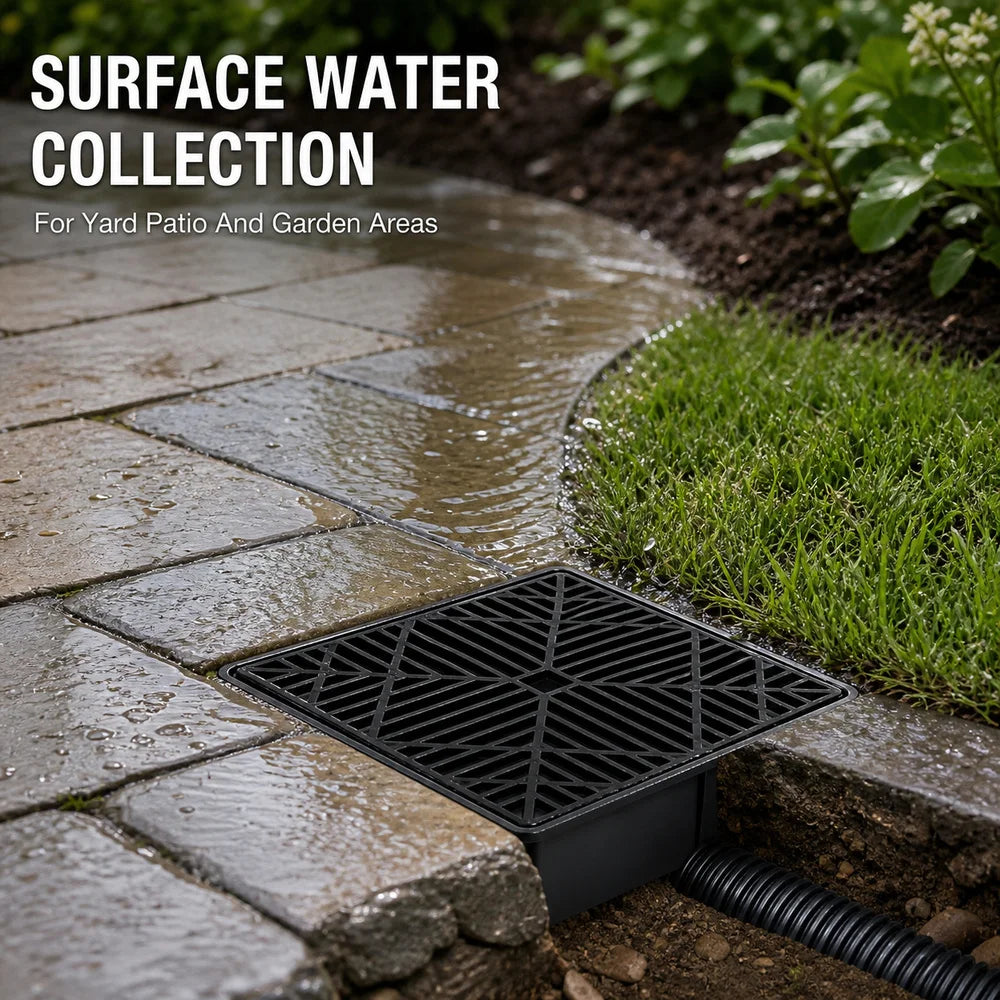 Square Outdoor Drain Catch Basin Kit with Grate Flexible Corrugated Drain Pipe Yard Patio Lawn Garden Downspout Surface Water Drainage System