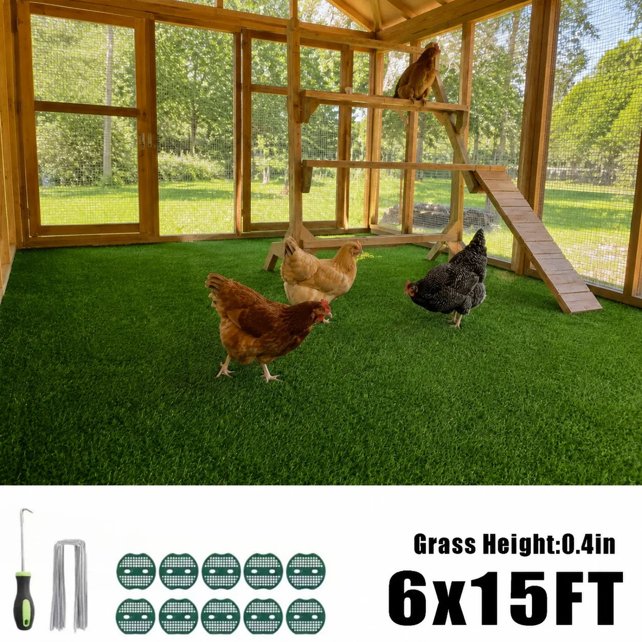 6FT X 10/15/20/25FT Artificial Grass Turf Mat, 0.4 Inch Pile Height, Heavy Duty Synthetic Lawn Rug, Indoor Outdoor for Patio, Balcony, Backyard, Garden, Garage, Pet Area & Chicken Coop