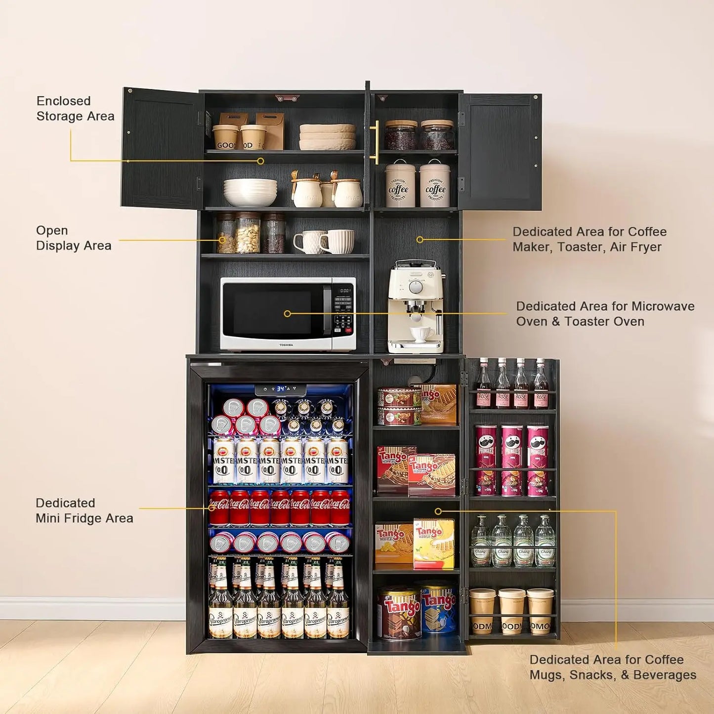 Tall Fluted Coffee Bar Cabinet With Mini Fridge Storage