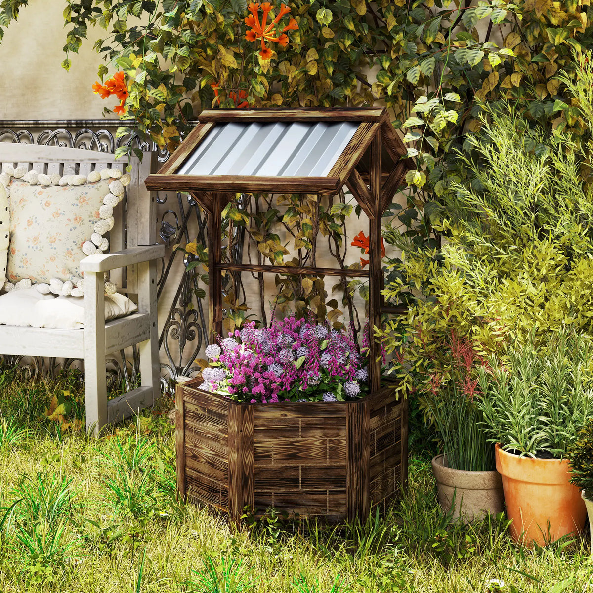 Hexagonal Raised Garden Bed with Galvanized Steel Canopy Carbonized Wooden Wishing Well Planter for Outdoor Patio Tan