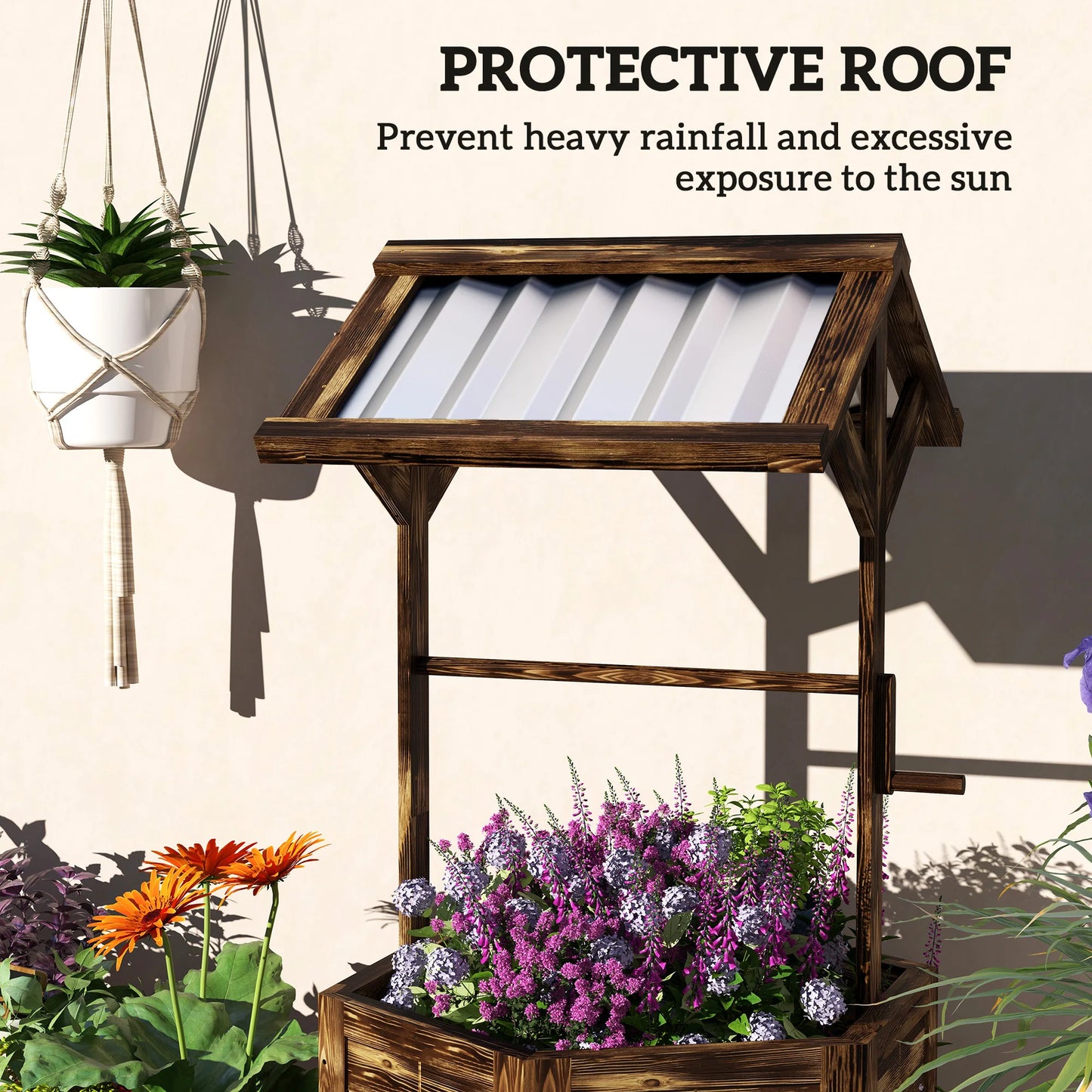 Hexagonal Raised Garden Bed with Galvanized Steel Canopy Carbonized Wooden Wishing Well Planter for Outdoor Patio Tan