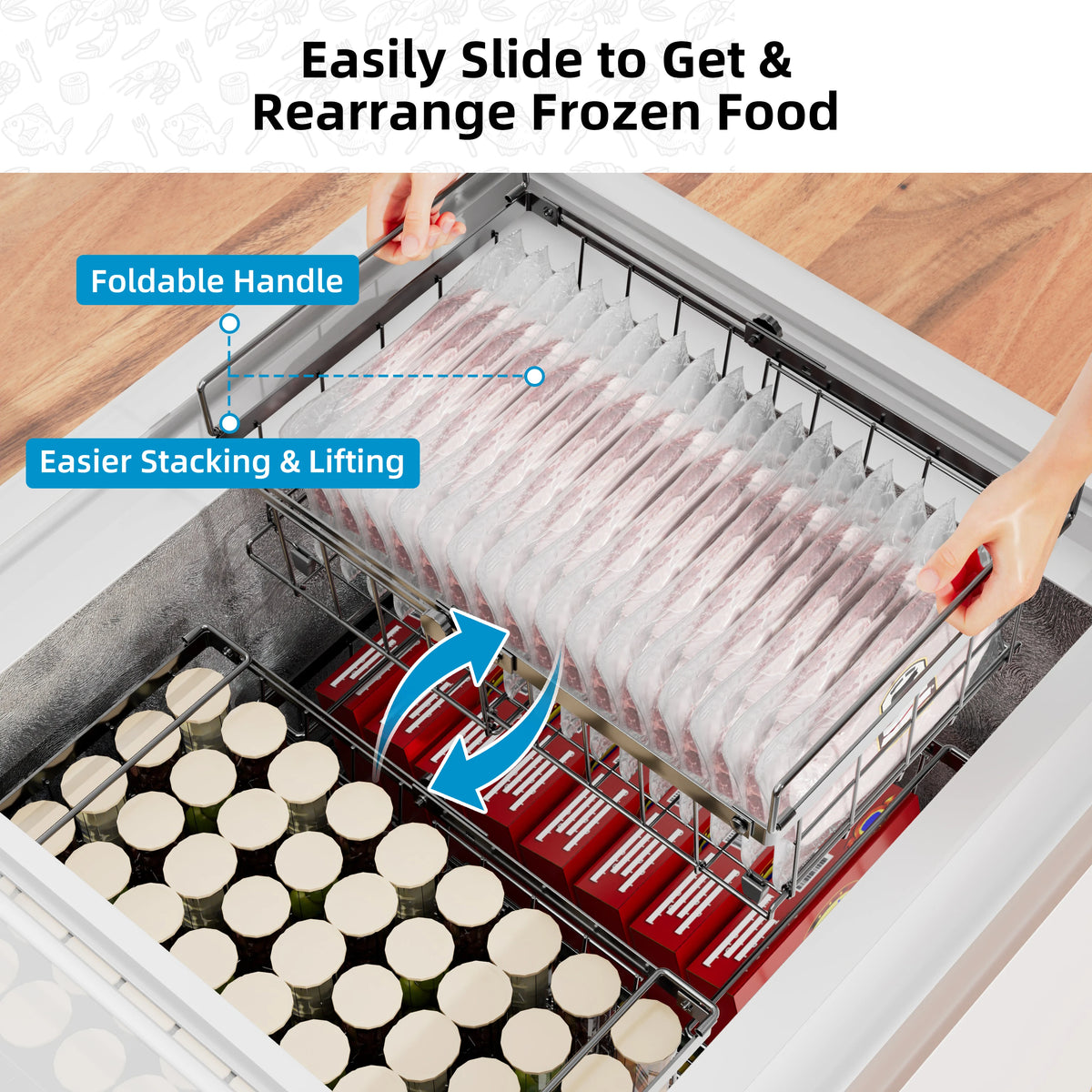 2/4 Pack Expandable Chest Freezer Basket Organiser, Stackable Metal Wire Kitchen Storage Boxes with Fold Down Handles, Pantry Freezer Storage Bins for Bulk Meat & Frozen Food