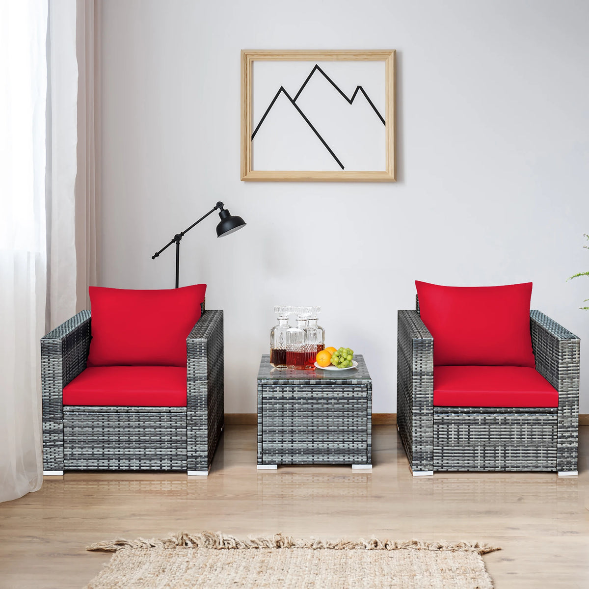 3 PC Patio Rattan Furniture Bistro Set Cushioned Sofa Chair Table Red