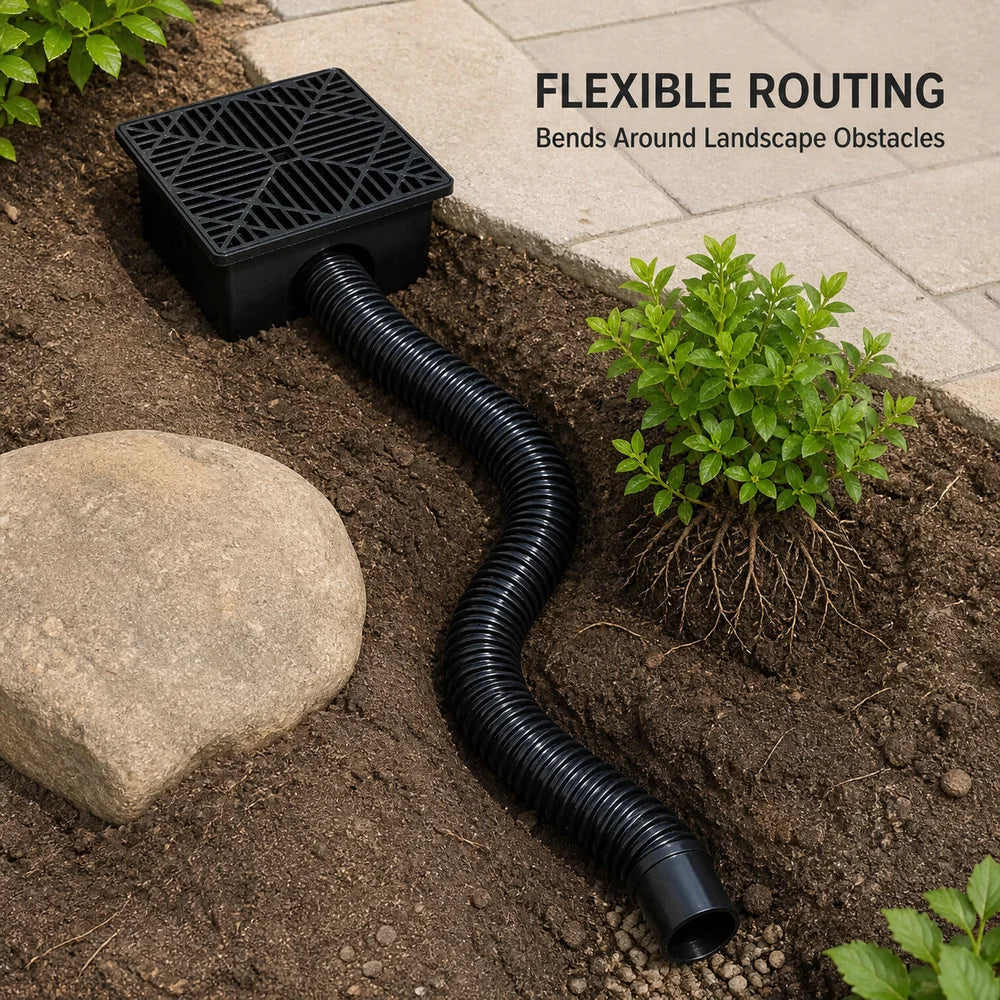 Square Outdoor Drain Catch Basin Kit with Grate Flexible Corrugated Drain Pipe Yard Patio Lawn Garden Downspout Surface Water Drainage System