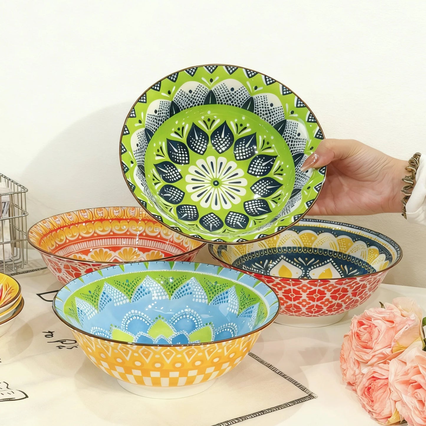 Bohemian Ceramic Soup Bowl Set, Microwave And Dishwasher Safe, Ramen Pasta Bowls