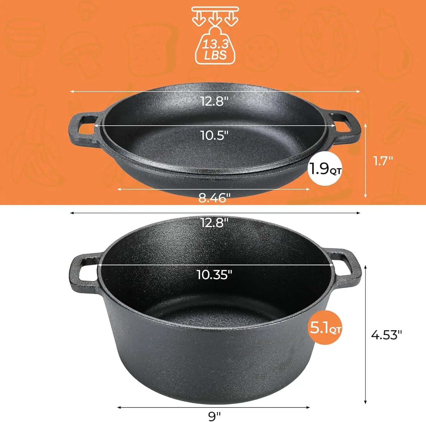 Pre Seasoned Cast Iron Double Dutch Oven With Lid Durable