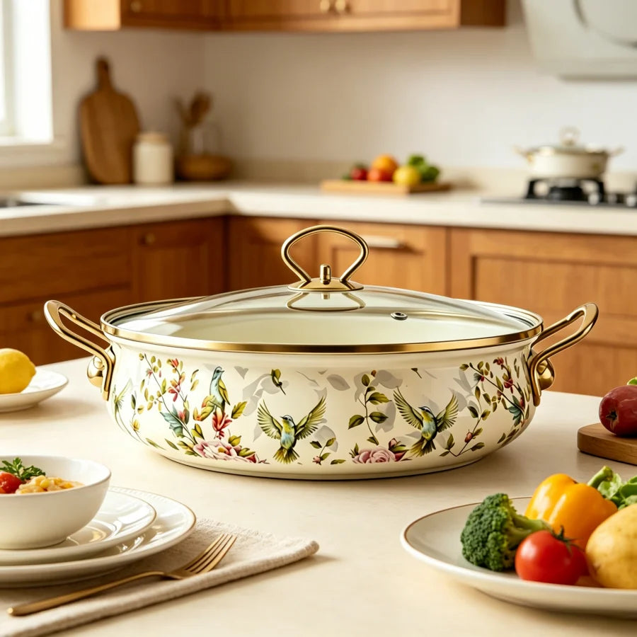 VAETTLO Vintage Enamel Stock Pot With Glass Lid For Stovetops