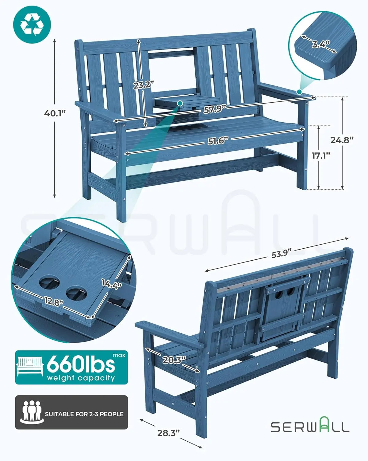 Outdoor Bench With Cup Holder and High Backrest All Weather