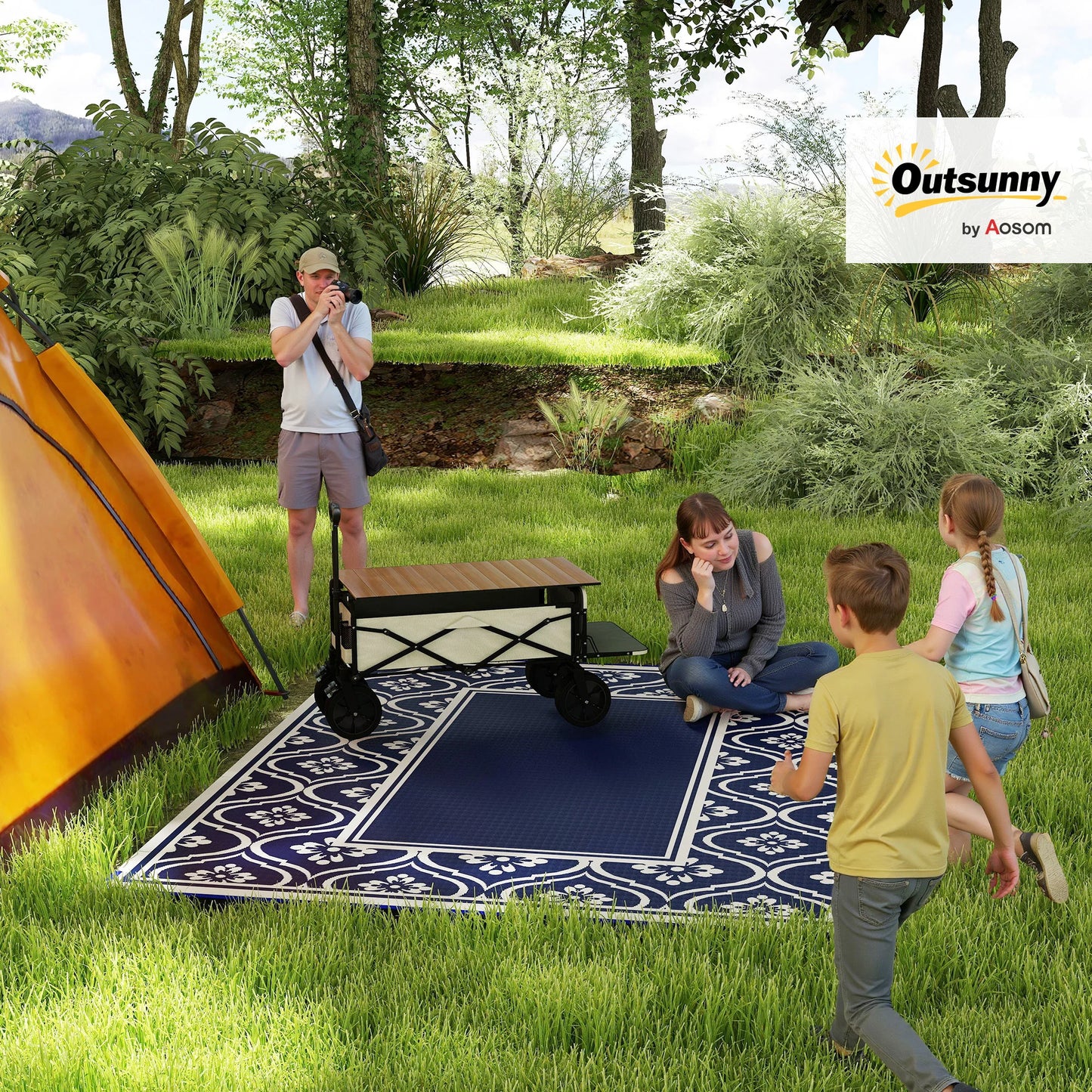 Outdoor Rug, 8' x 10' Plastic Straw, Blue White Gourd Border