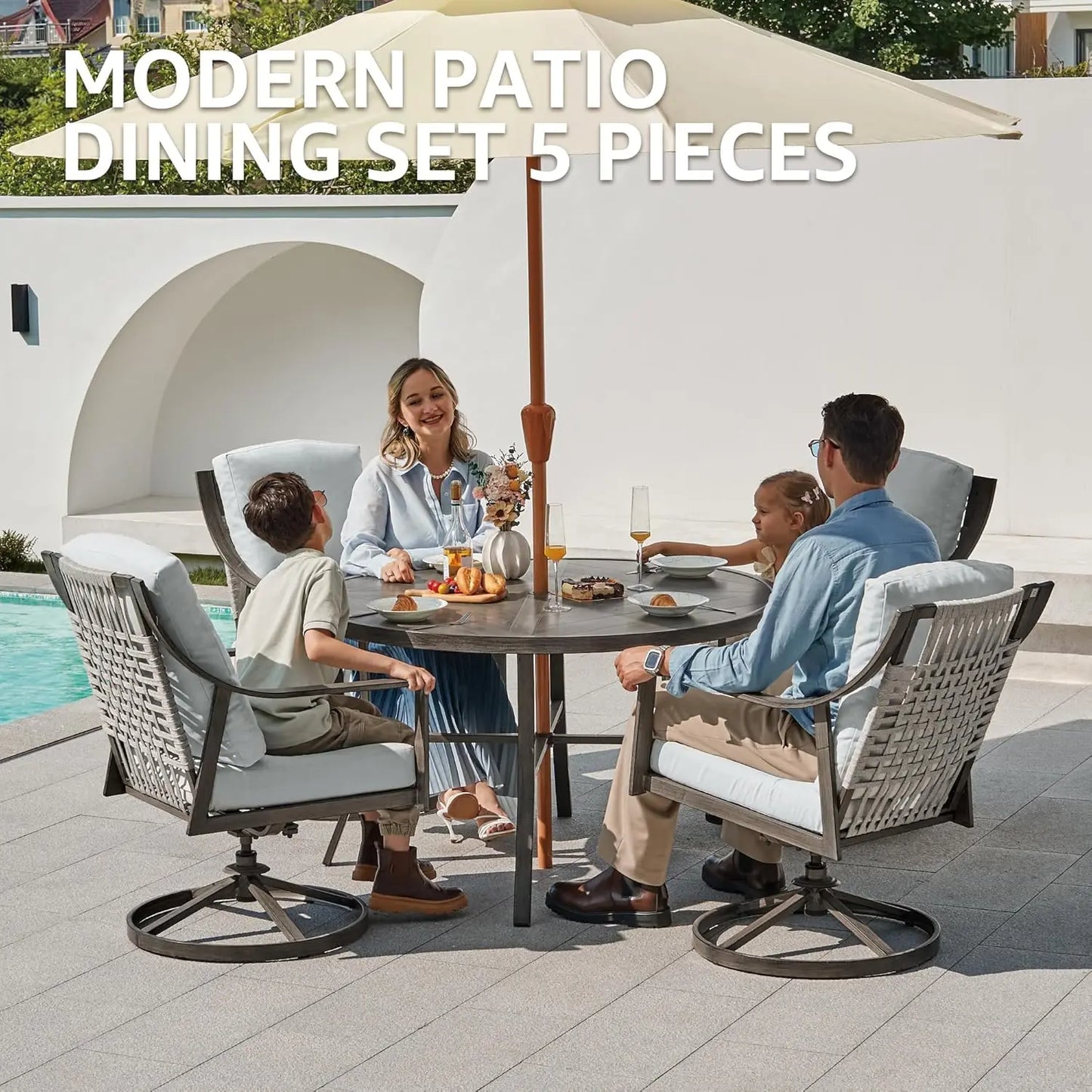 Outdoor Dining Set With Swivel Rocking Chairs And Round Table Umbrella Hole