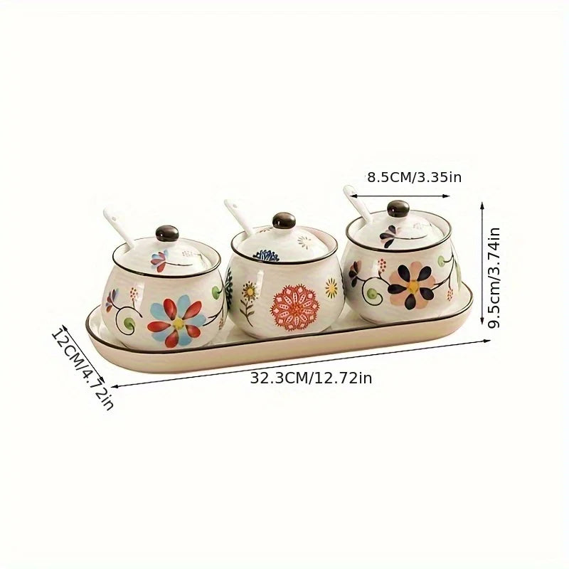 Japanese Ceramic Seasoning Bottles Set With Lids And Spoons