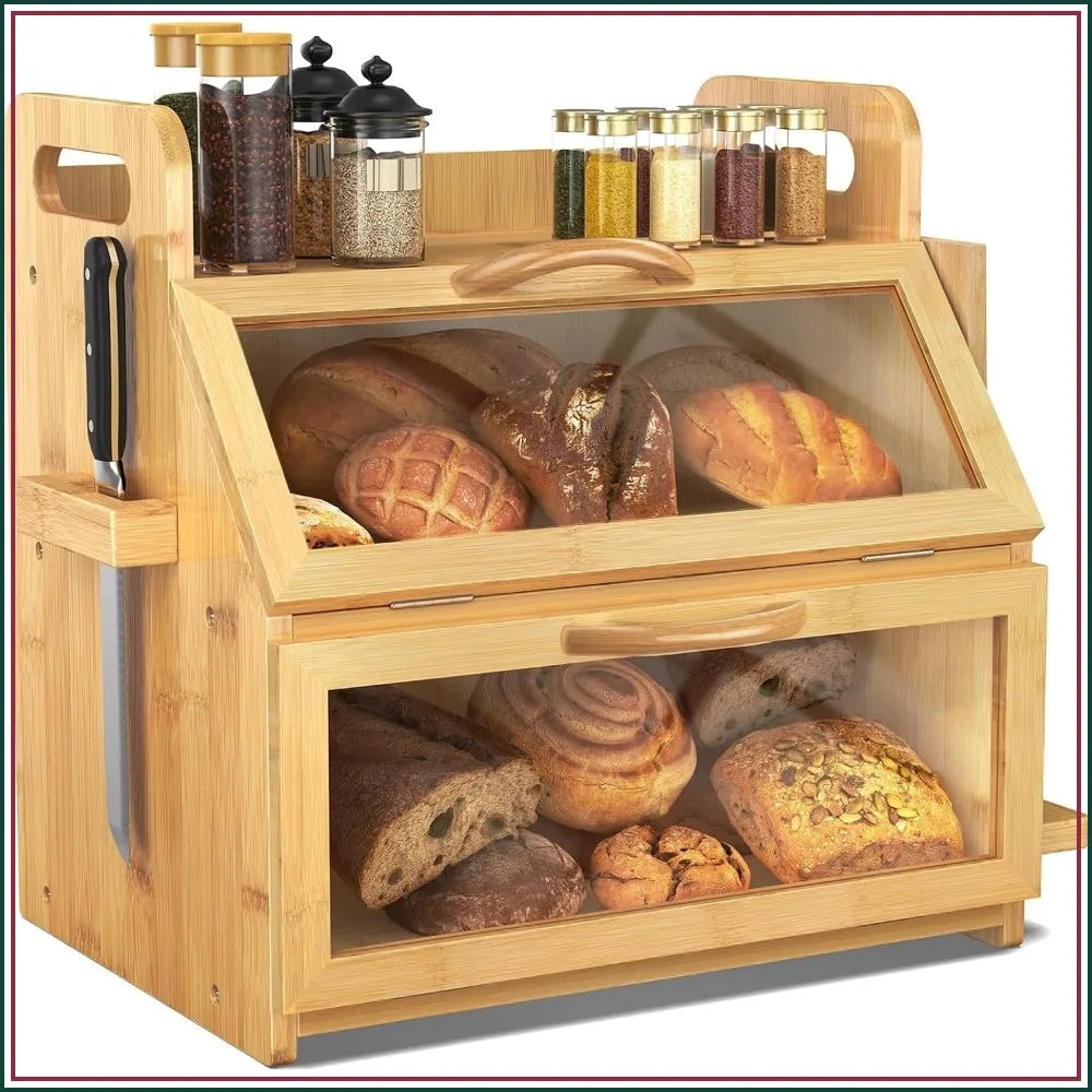 Extra Large Double Layer Bread Box, Bamboo Wooden Storage Container with Tool Holder & Handles & Window, Assembly Required(14.9" x 11" x 15.3")