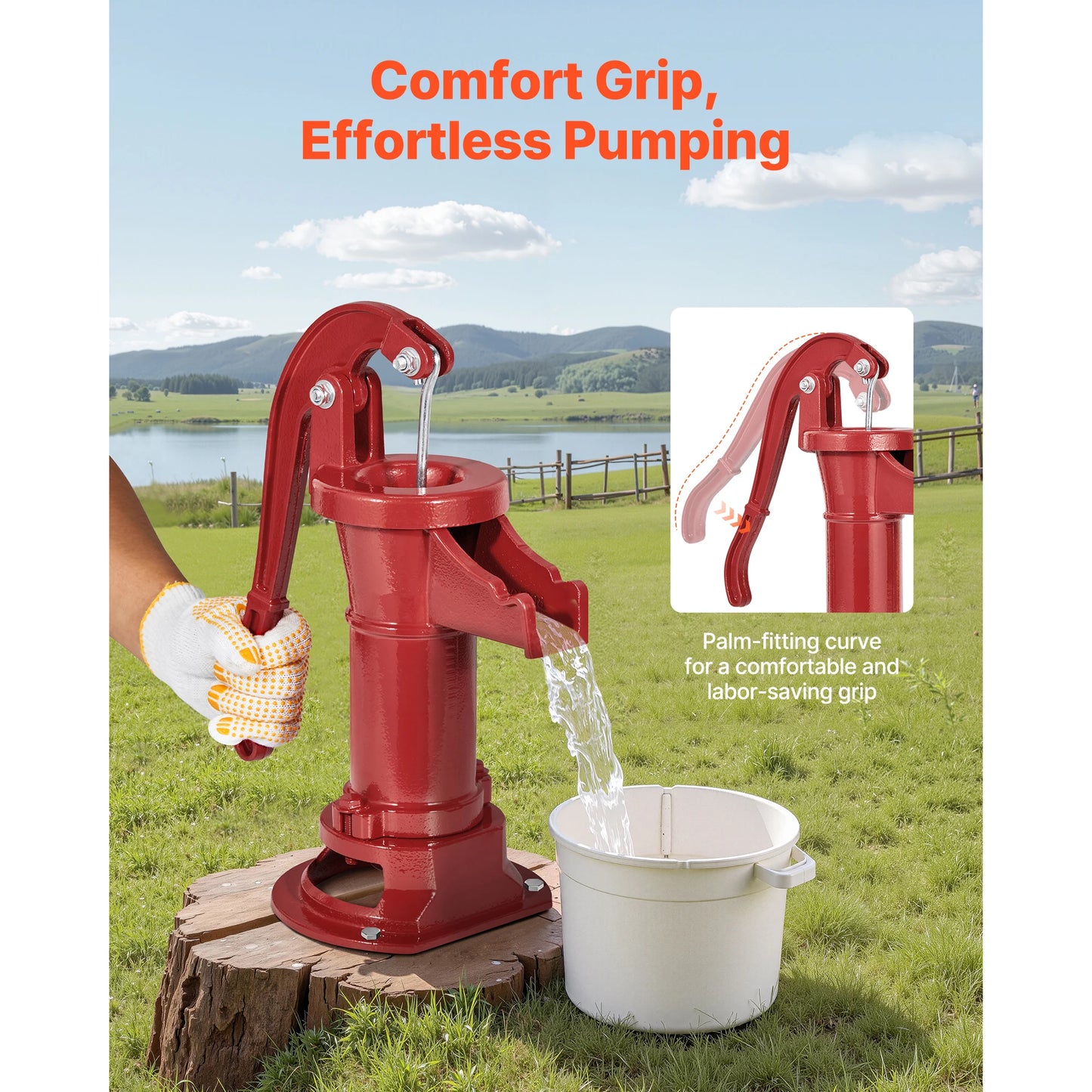 SucceBuy Well Hand Pitcher Pump 25 ft Maximum Lift Cast Iron NPT 1-1/4 in Connection for Garden Pond Farm Red/Black/Yellow/Green