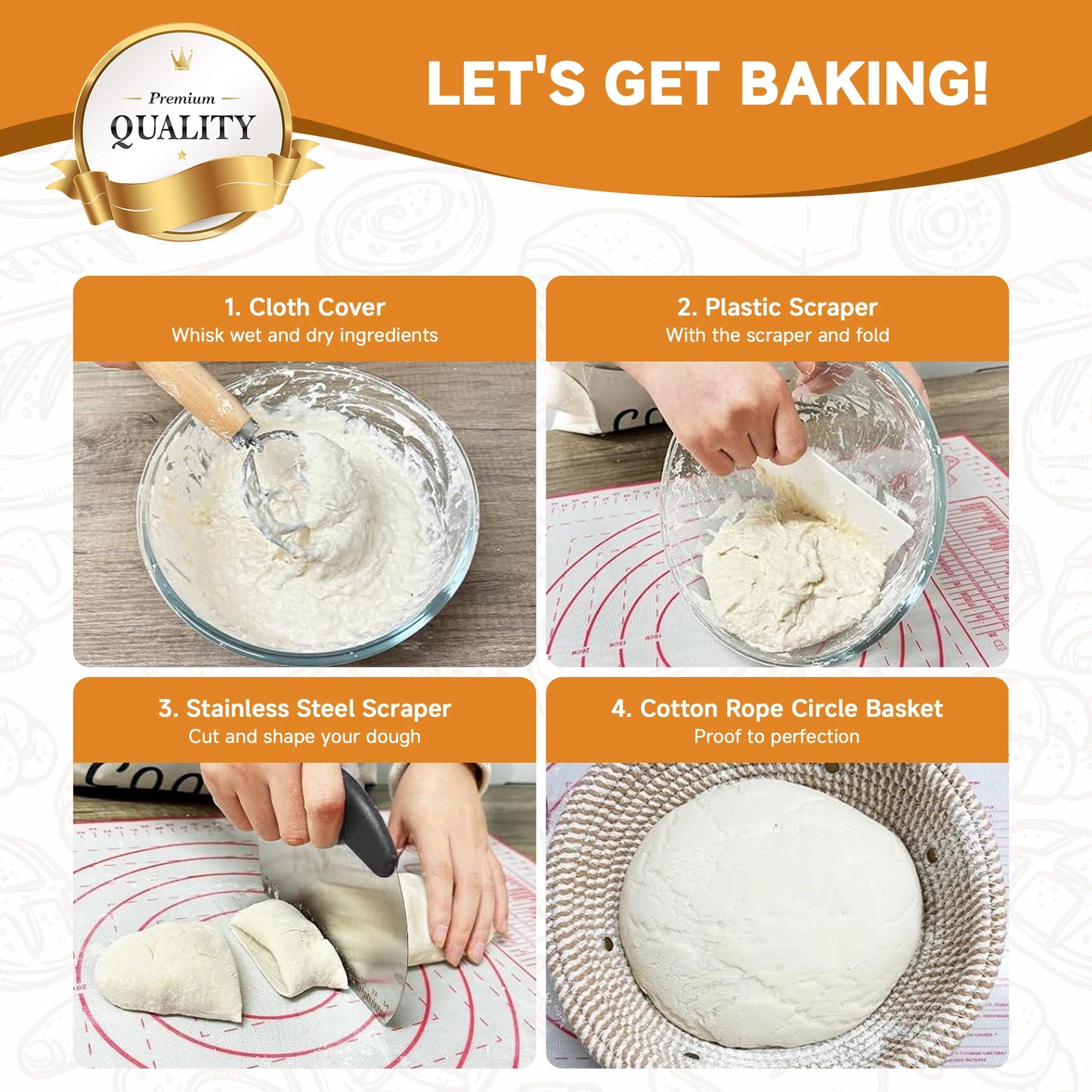 Bread Proofing Basket Set With Banneton Baskets And Dough Whisk