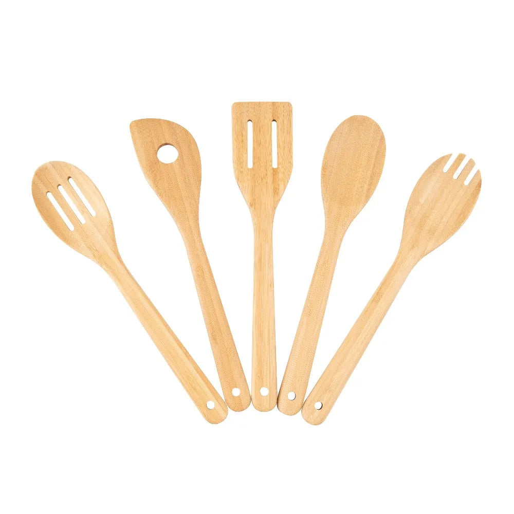 5 Pack Bamboo Spoons for Cooking Kitchen Utensil Set Wooden Stirring Spoons Essential Kitchen Tools Natural Wood Spatula for Stirring Mixing Serving