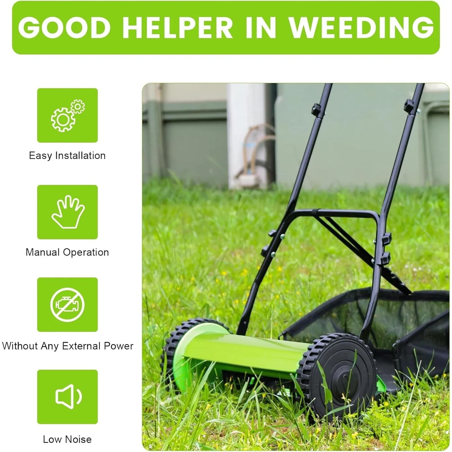 12 Inch 5-Blade Push Reel Lawn Mower, Cordless Manual Lawn Mower with Grass Catcher, Adjustable Cutting Height, Walk-Behind Lawn Mowers for Yard, Garden