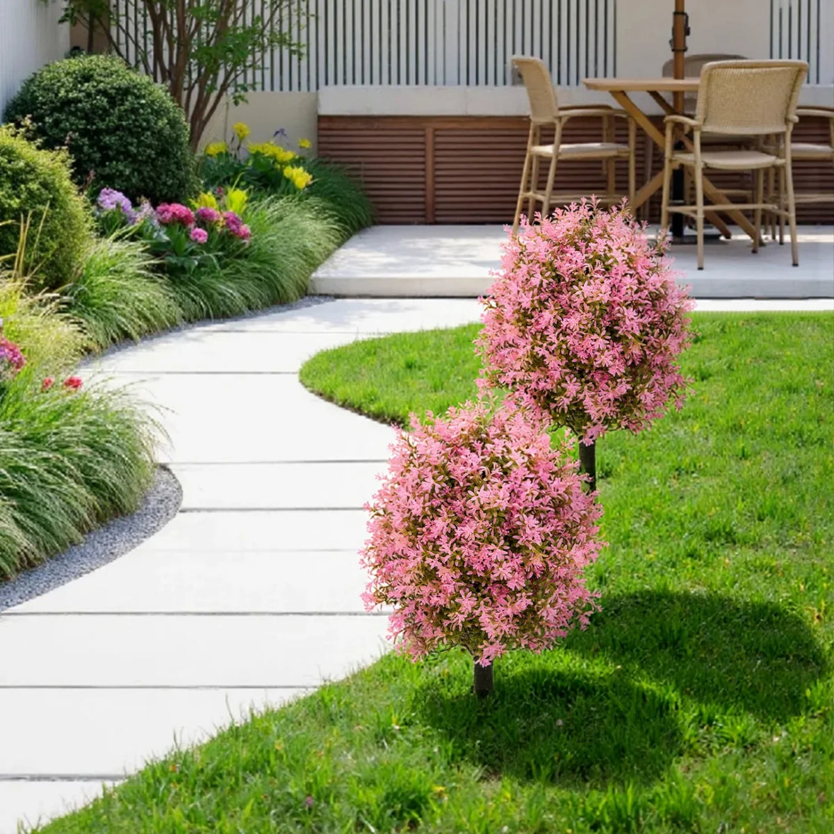 2 Pack Artificial Boxwood Topiary Ball Bush with Ground Spike, Faux Greenery Shrubs, Fake Boxwood Plants for Garden Porch