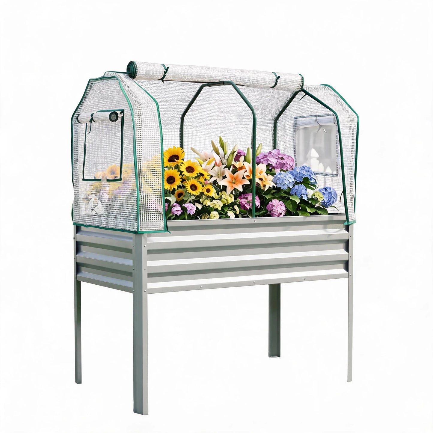 Raised Garden Bed With Cover, 30in Galvanized Elevated Planter Box With Legs, Greenhouse For Vegetables Herbs Patio Balcony
