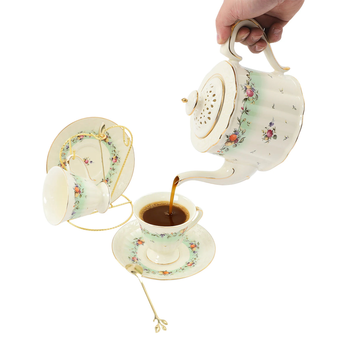 Porcelain Tea Set for 2, European Style Ceramic Tea Set with Teapot Cups Saucers, Includes Iron Stand 27oz