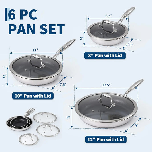 HiMISS Tri Ply Nonstick Stainless Steel Frying Pan Set Lids