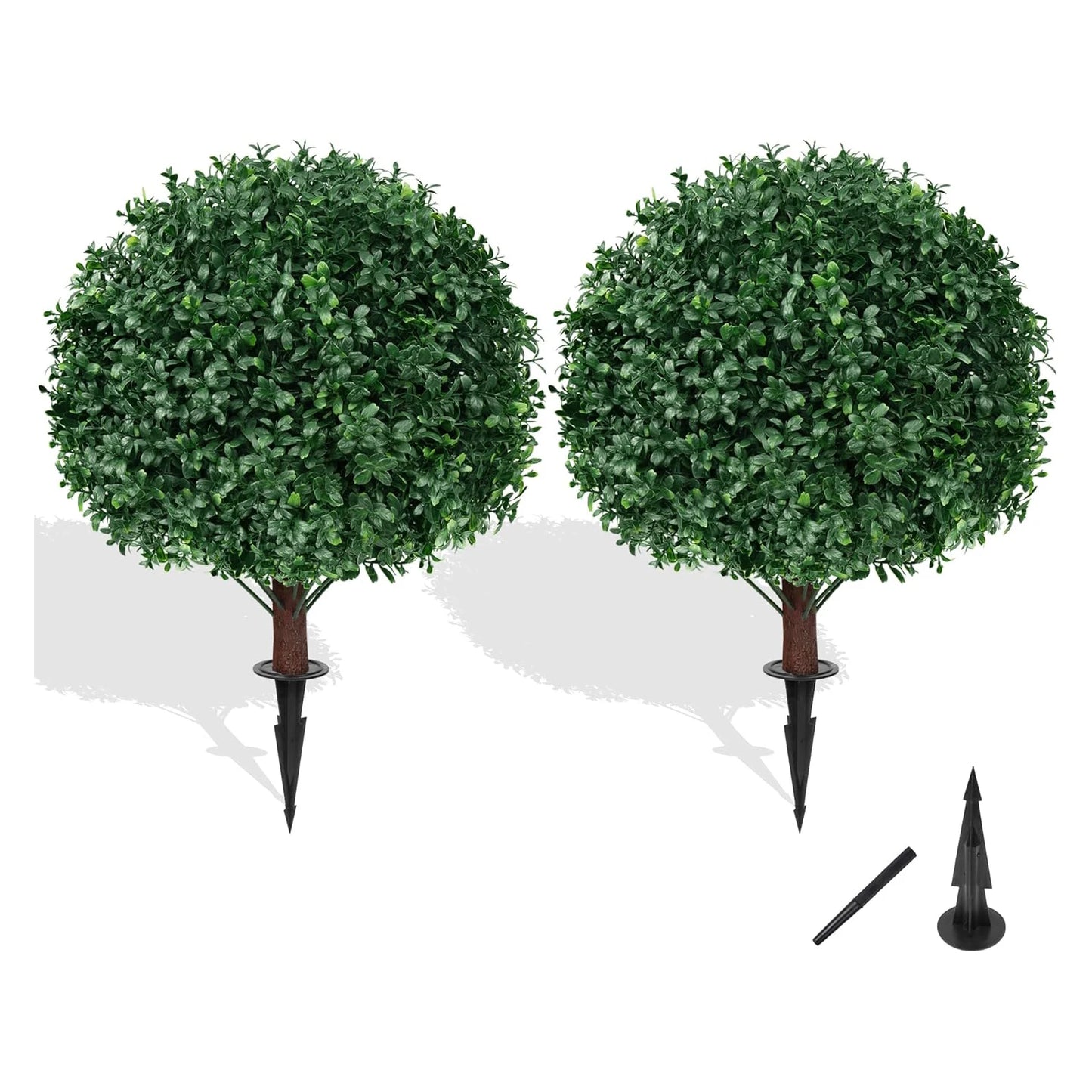 Artificial Boxwood Topiary Ball Tree with Ground Spike, Set of 2 Artificial Shrub Bushes, Fake Evergreen Tree for Porch, Artificial Plants for Outdoor Planters Indoor UV Resistant