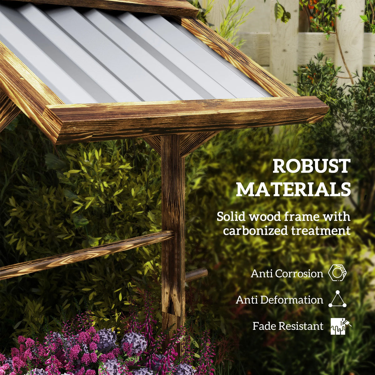 Hexagonal Raised Garden Bed with Galvanized Steel Canopy Carbonized Wooden Wishing Well Planter for Outdoor Patio Tan