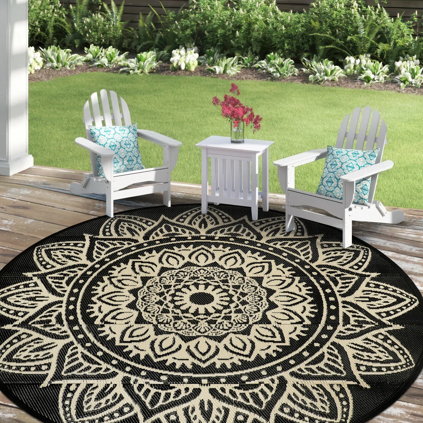 Round Outdoor Rug Reversible Waterproof Plastic Straw Mat Portable RV