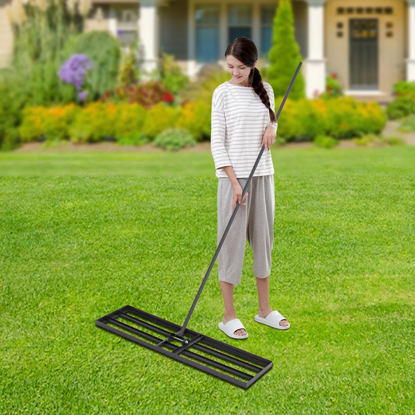 Steel Lawn Leveler Rake Adjustable Angle Leveling Tool Heavy Duty Ground Rake with 5.7ft Long Handle for Yard Garden Farm