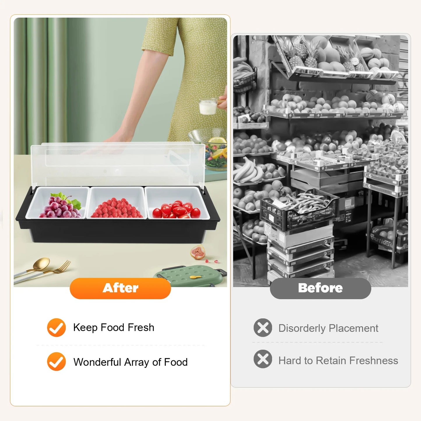 ABS PP5 Plastic Fruit Storage Box with Removable Compartments Ice Tray Bottom Leakproof Cool Condiment Organizer