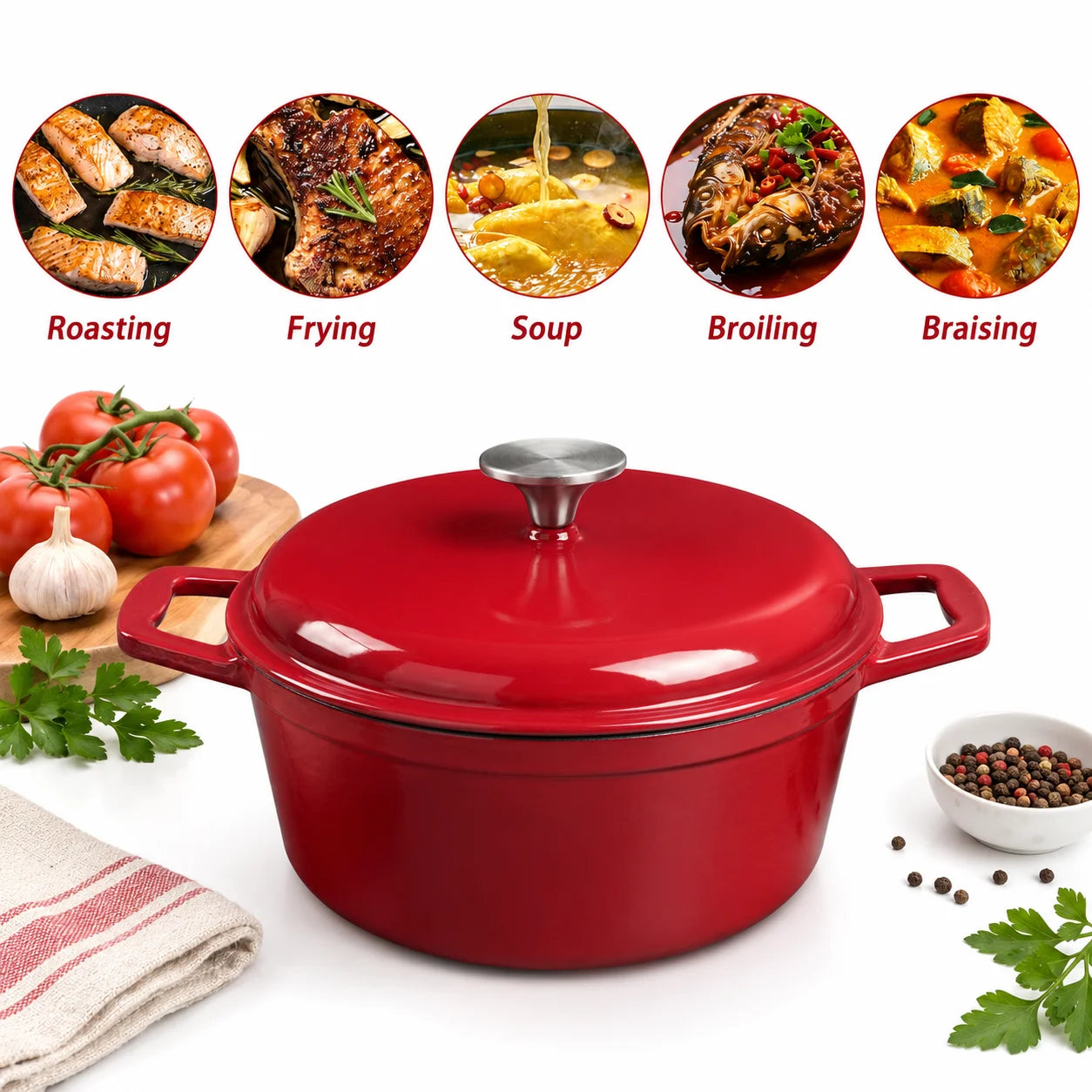 HanSmart Enameled Cast Iron Dutch Oven With Lid For Braising