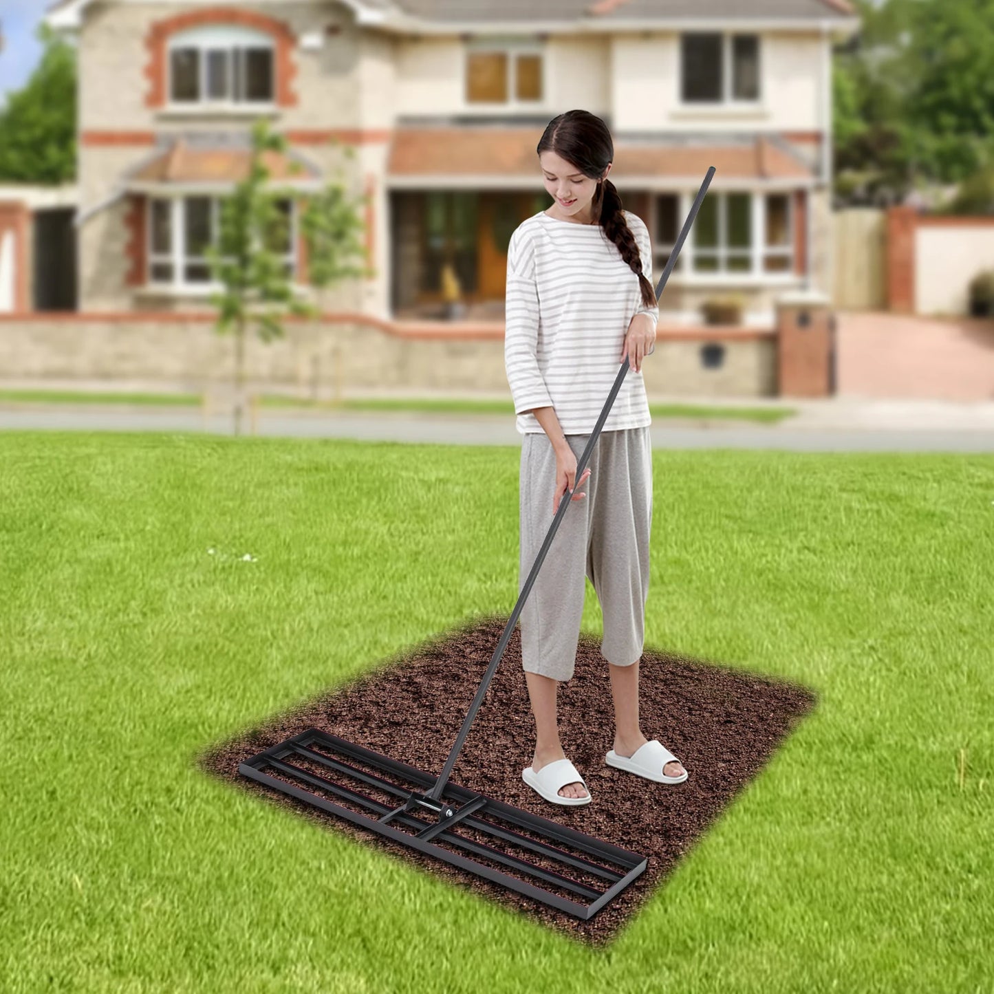 Steel Lawn Leveler Rake Adjustable Angle Leveling Tool Heavy Duty Ground Rake with 5.7ft Long Handle for Yard Garden Farm