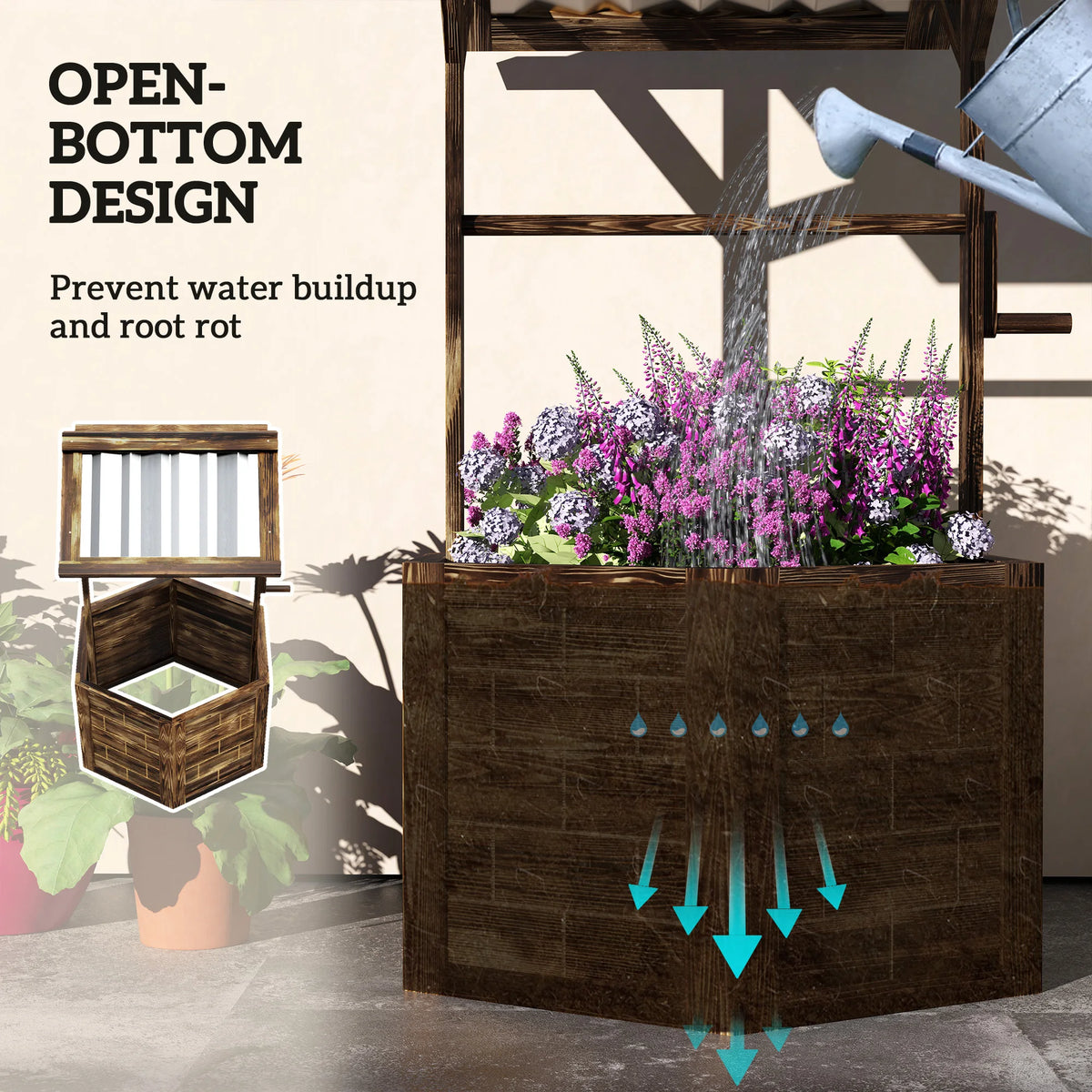 Hexagonal Raised Garden Bed with Galvanized Steel Canopy Carbonized Wooden Wishing Well Planter for Outdoor Patio Tan