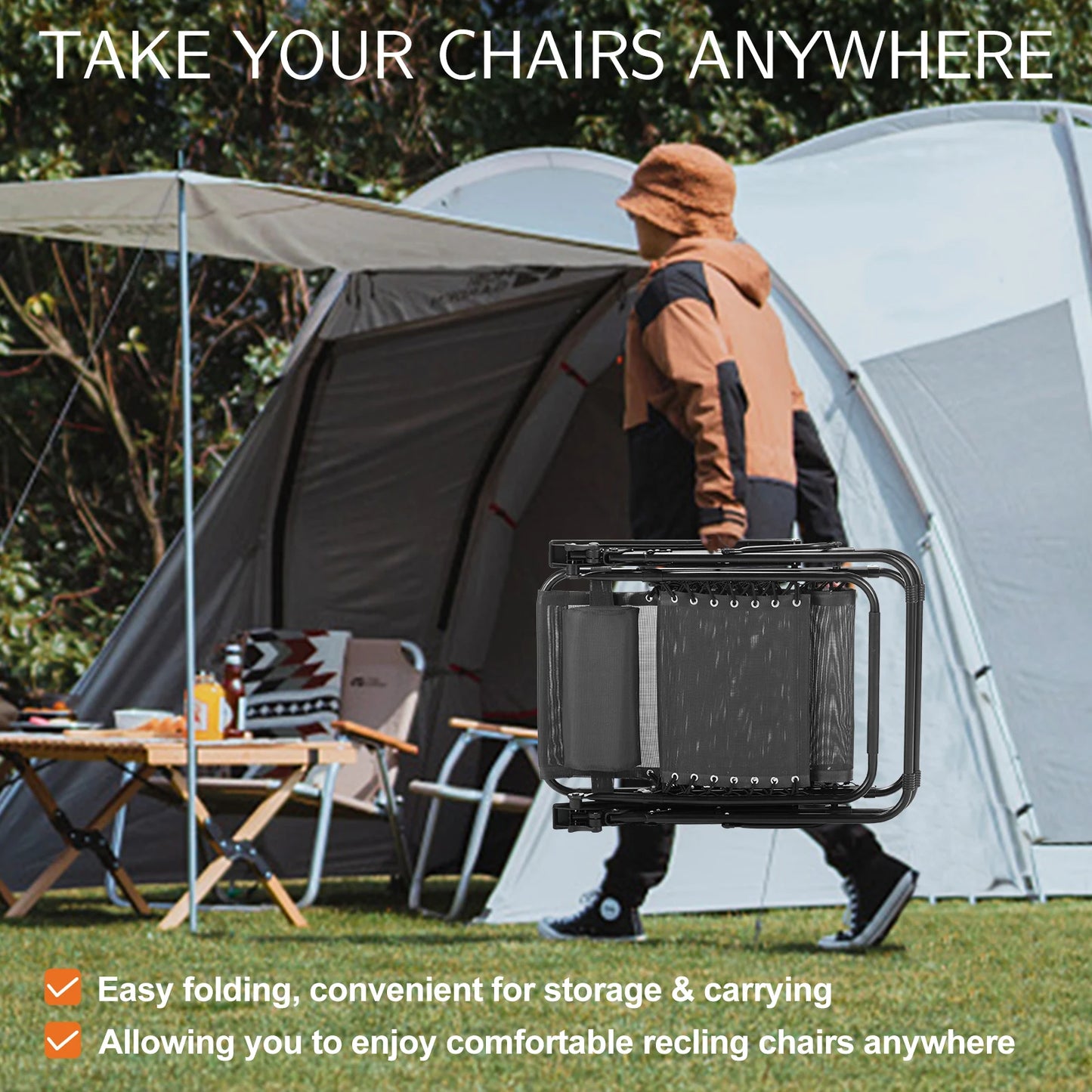 JHK Zero Gravity Double Portable Recliners with Cup Holders