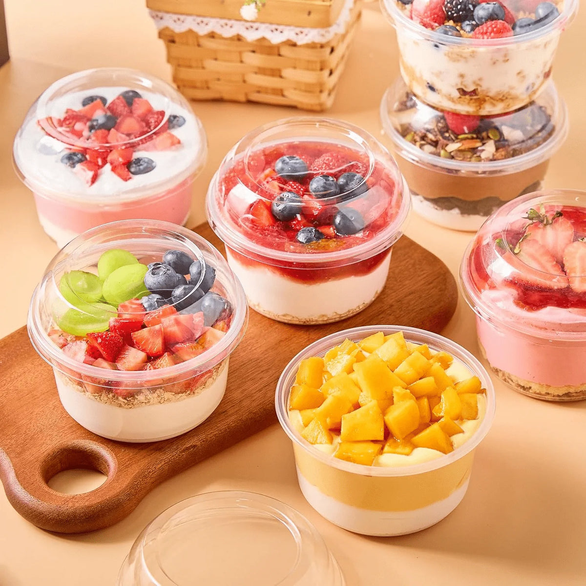 50 Pack 12 oz Plastic Dessert Cups Clear Acai Bowls with Lids Disposable Fruit Parfait Cups Containers With Spoon for Cupcake Yogurt Pudding Yogurt Parfait Smoothie