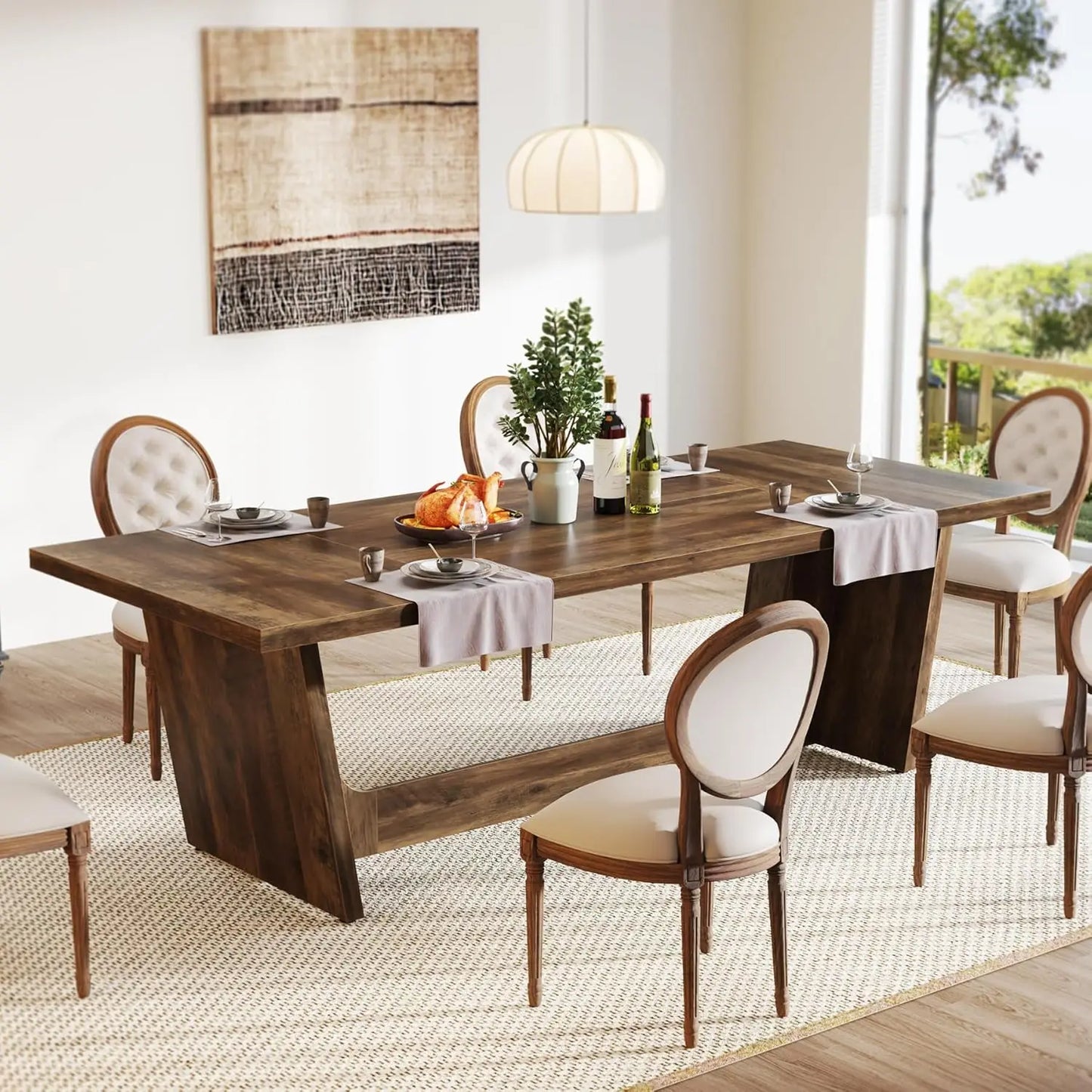 Dining Room Table: Rectangular Farmhouse Kitchen Table with Solid Pedestal, Rustic Long Dinner Table for Big Family