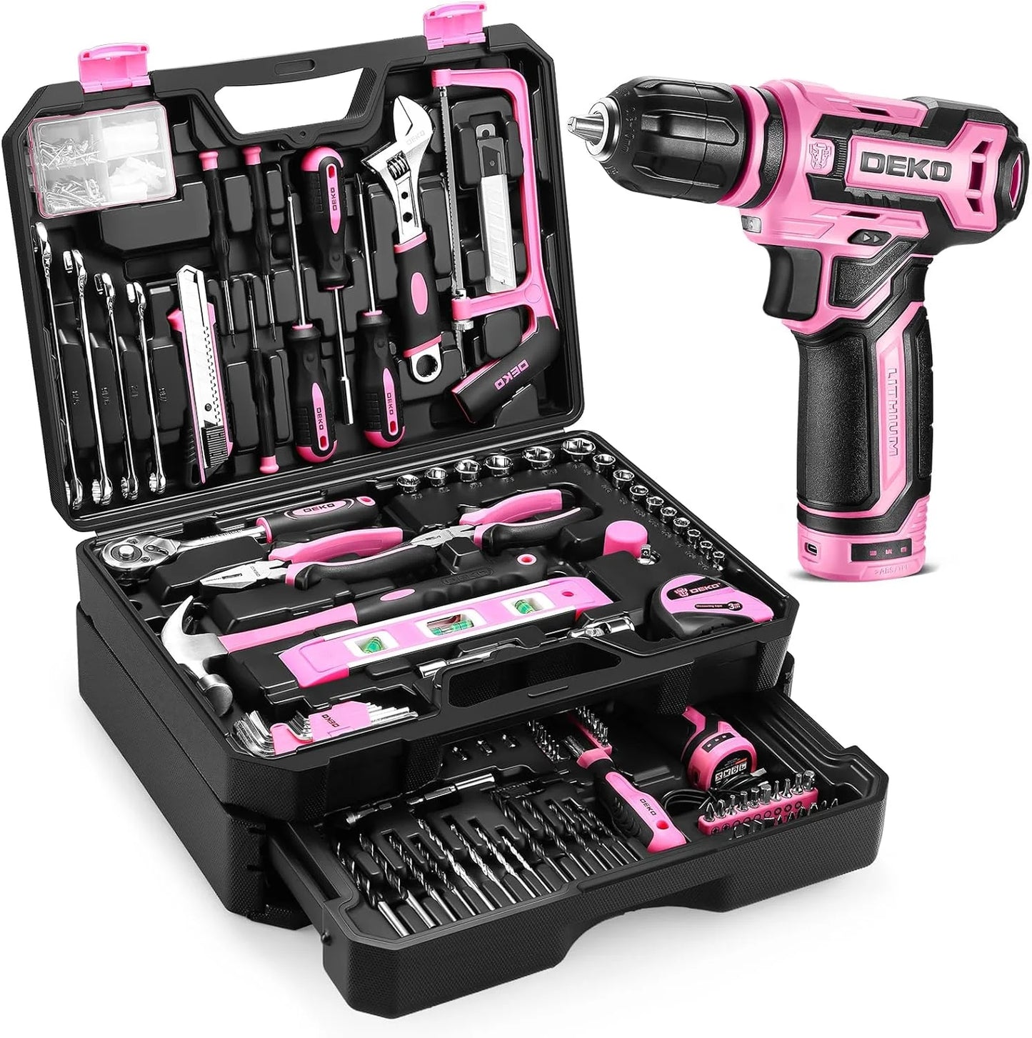 DEKO Cordless Drill Tool Set and Mechanic Toolbox