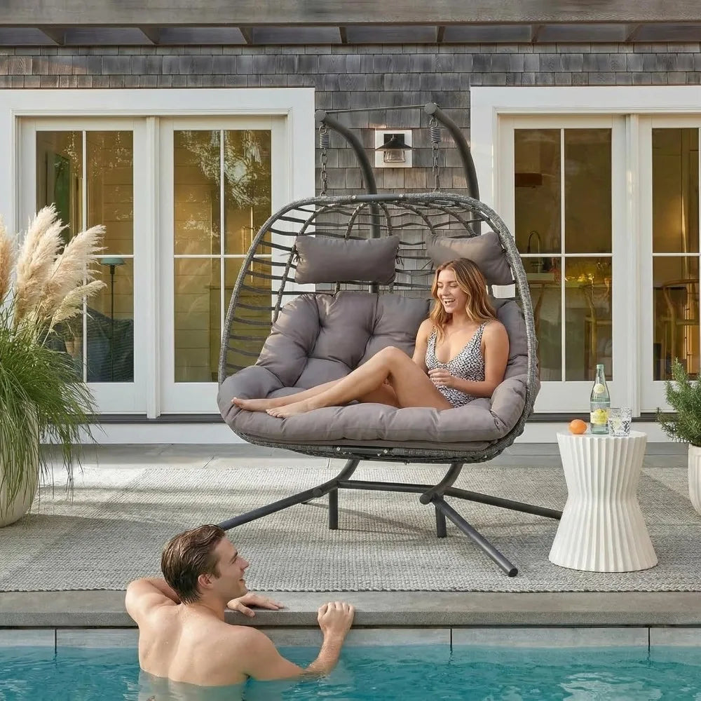 XIAOLANG Double Egg Swing Chair With Stand Rattan Outdoor Patio