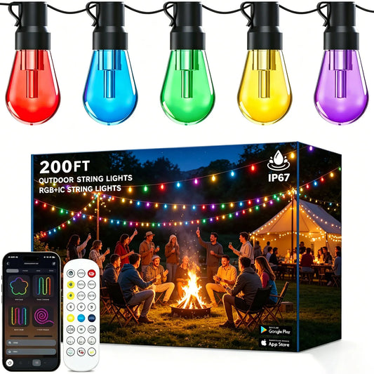 200FT RGB+IC Outdoor String Lights IP67 Waterproof DreamColor LED Bulbs Dimmable Shatterproof Patio Backyard Balcony Eave Lights APP Remote Control Chasing Effect