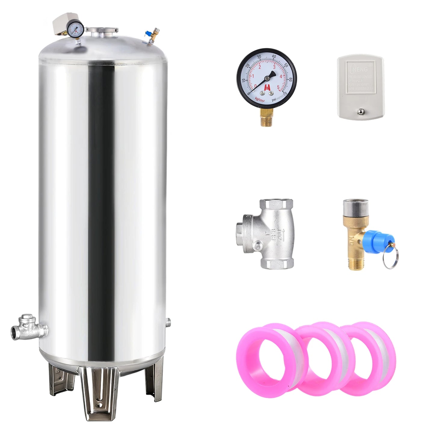 26.4Gal Well Water Pressure Tank, 304 Stainless Steel Pressurized Water Storage Container, Heavy Duty Automatic Booster Tank for Home Farm Garden Kitchen with Mounting Kit