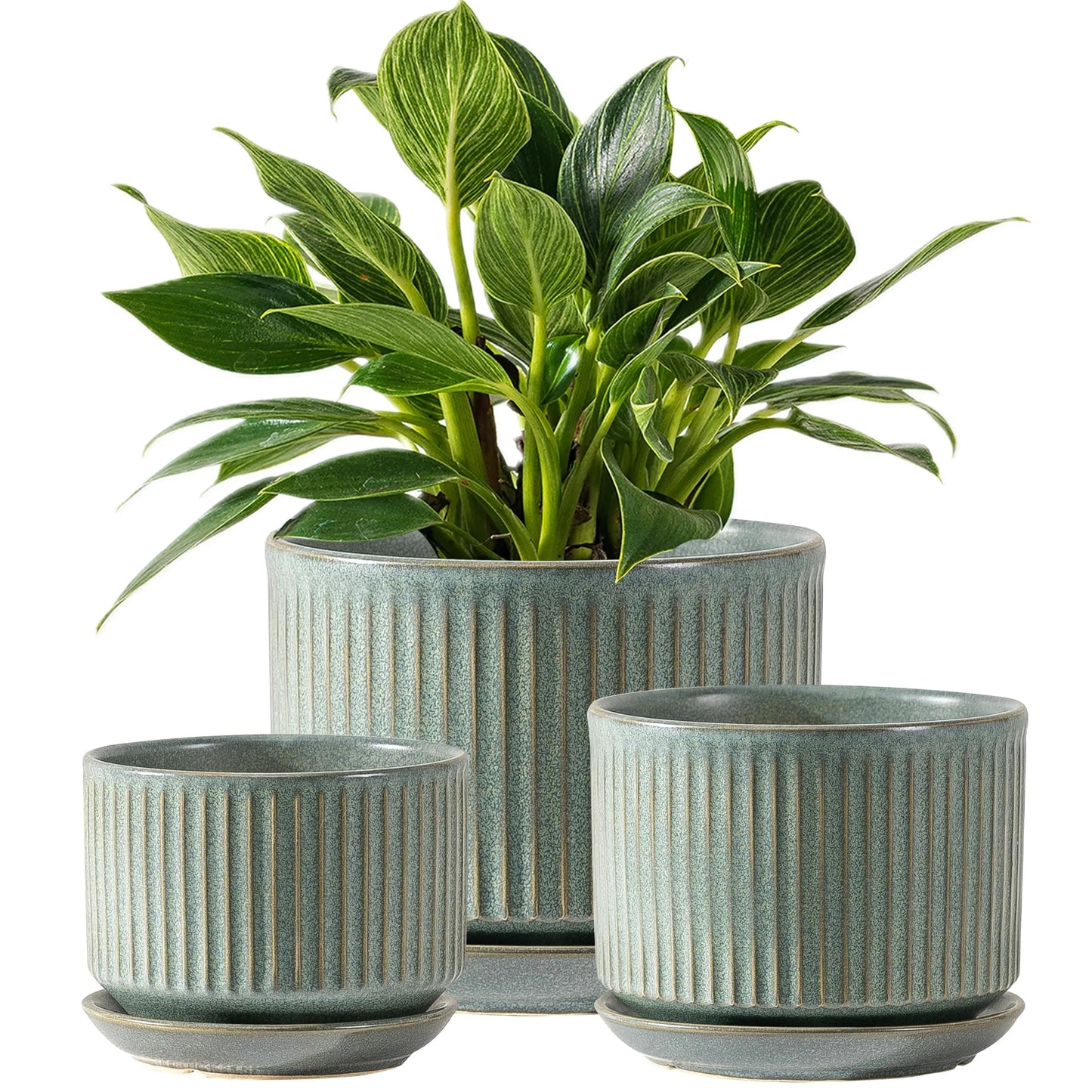 SURE YUESI Ceramic Plant Pots Set of 3, Indoor Outdoor Planters with Drainage Hole and Saucer, Ceramic Flower Pots for Indoor Plants, 4.3+5.5+6.8 Inch, Home, Garden, Patio and Office, Matte Green