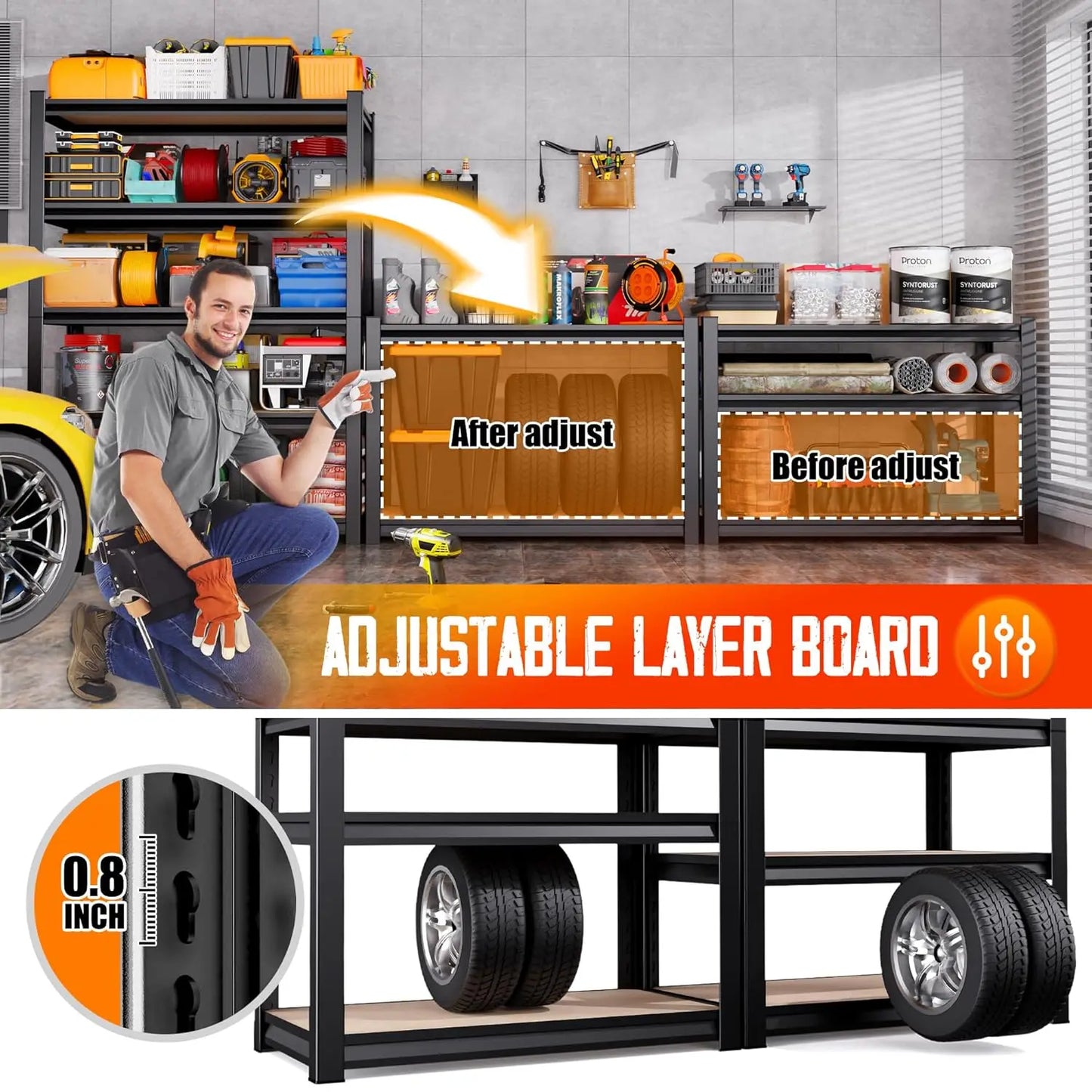 71"H-32"W-14"DGarage Shelving-5 Tier Garage Storage Shelves,Adjustable Heavy Duty Metal Shelving Unit and Storage, Customized