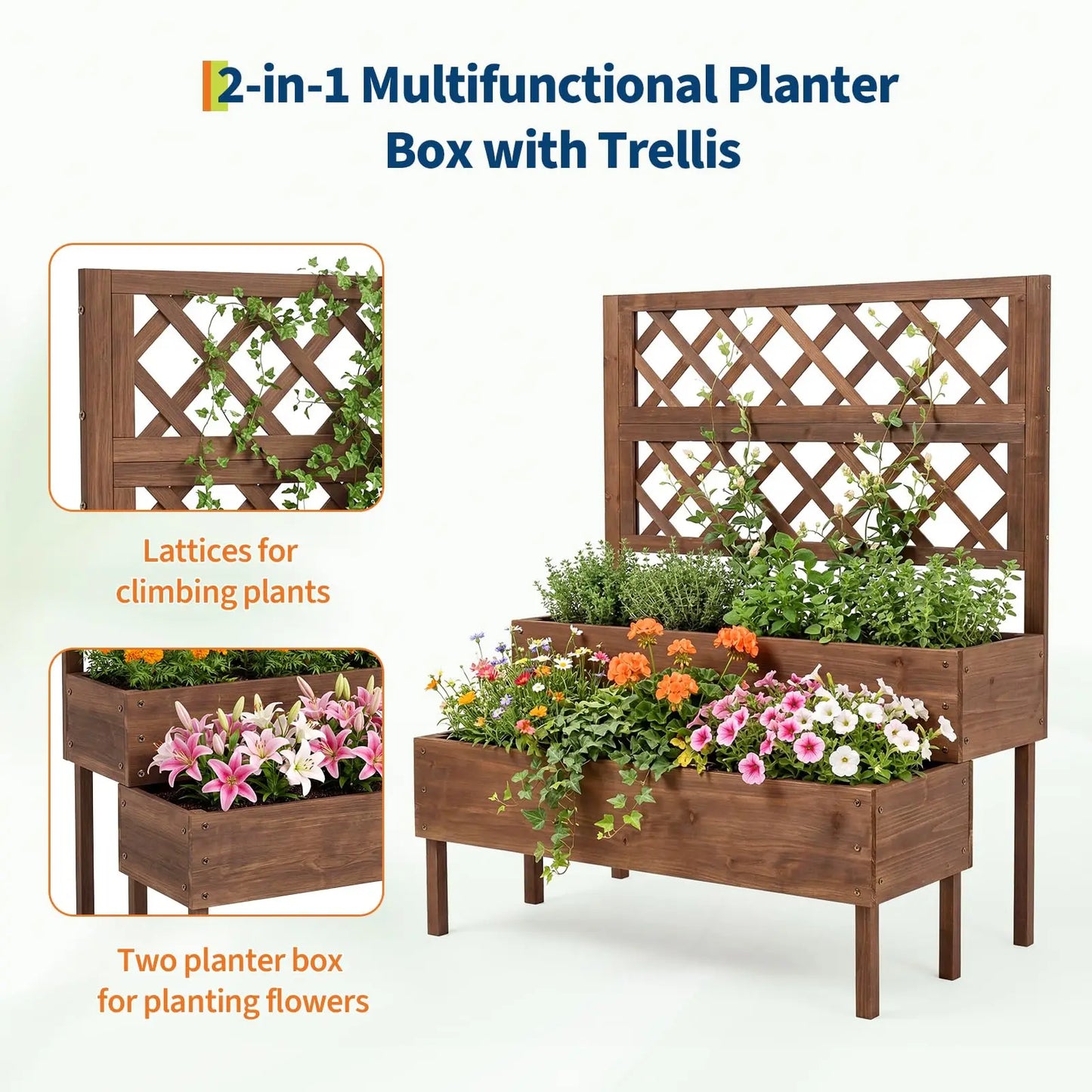 HiMISS Outdoor Wooden Raised Garden Bed With Trellis