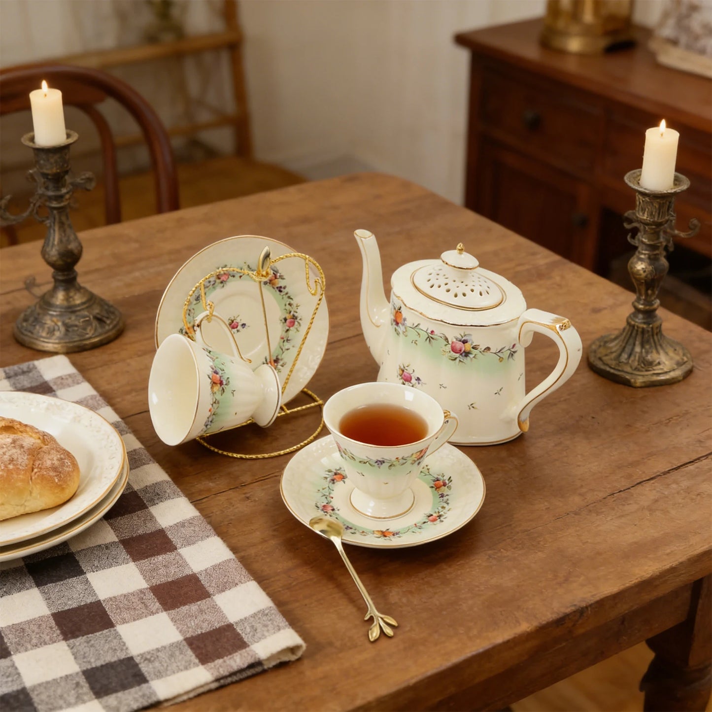 Porcelain Tea Set for 2, European Style Ceramic Tea Set with Teapot Cups Saucers, Includes Iron Stand 27oz
