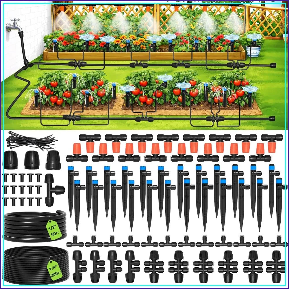 250FT Drip Irrigation System - Quick Connect Garden Misting Kit with Adjustable Nozzles for Indoor Outdoor Potted Plants Lawn Greenhouse
